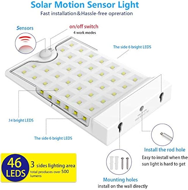 CREATIVE DESIGN 46 LED Solar Lights Outdoor with Mounting Pole, 4 Modes Solar Gutter Light Motion Sensor Light Wall Light for Patio, Barn,Porch,Garage,Stairs, Pack of 2