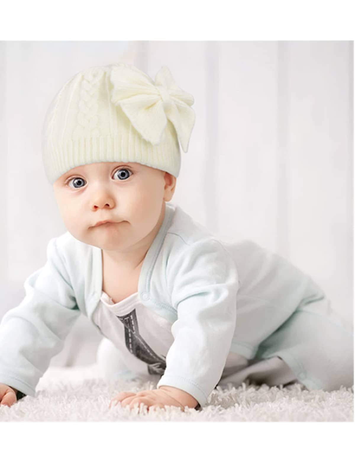 Century Star Newborn Hats Winter Knitted Bow Hat Cotton Lined Infant Caps Toddler Girls Hat Baby Girl Beanie Hats, 02 White, One Size 4