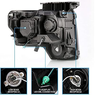 AmeriLite for 2009-2014 Ford F150 Truck LED Bar Square Projector Halogen Black Headlights Set High/Low Beam Bulb Included - Driver and Passenger Side