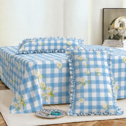 Image of VOMZER Cotton Feel King Size Flat Bedsheet for Double Bed, 1 Cotton Feel Bed Sheet Double Bed (90x100 Inches) with 2 Frill Pillow Cover, Blue Check