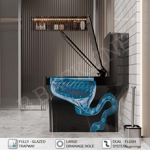Image of B Backline One Piece Ceramic Western Toilet | Commode for Toilet | Water Closet | Commode With Soft Close Toilet Seat (Black Glossy (S Trap Outlet From Floor))