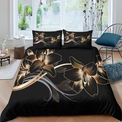 Housse de Couette 140x200 Fleur Dorée Parure Lit Single Microfibre Douce - 4