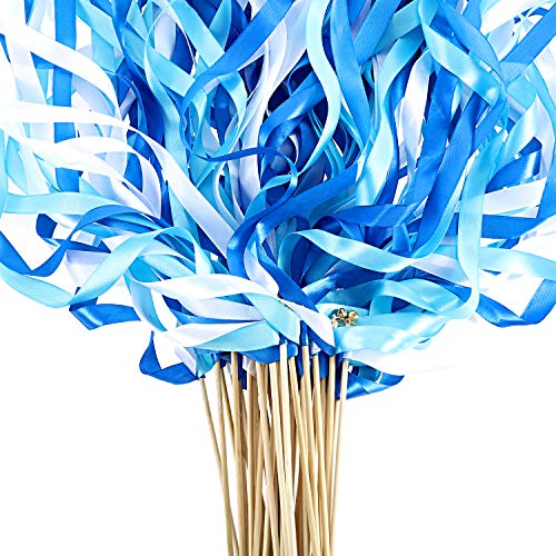 40 Pieces Mix Color Ribbon Sticks with Bell Fairy Stick Party Streamers for Wedding Party(Blue)