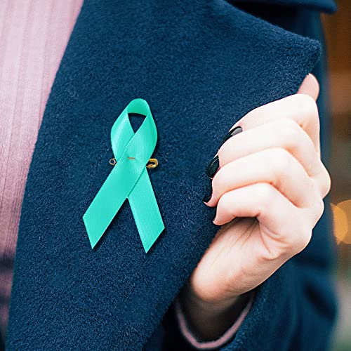 Image of 100 Pieces Teal Satin Awareness Ribbons with Safety Pins Cervical Cancer, Sexual Assault Awareness Accessories 1.4 * 3 inch