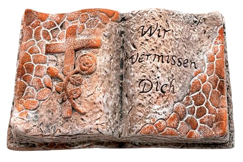 Bambelaa! Grabschmuck Deko Trauerartikel Kreuz auf Buch Wir vermissen Dich Rot Keramik Ca. 22 x 14,5 x 5 cm Wetterfest - Grabdeko Grabmale Grabstein Grabbuch Grabartikel Stein Mit Gravur