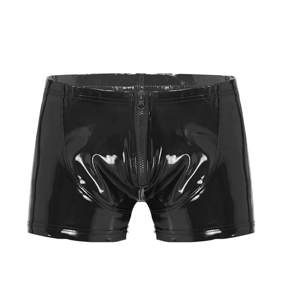 JPXJGT Men's Latex PVC Faux Leather Boxer Shorts Crotch Hot Pants (Size:L,Color:Black)