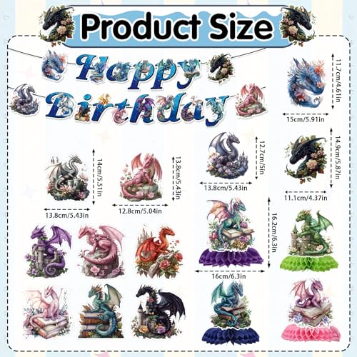 Image of Dragon Birthday Party Decorations Banners Swirls Honeycomb 13PCS | Dragon Party Decor 13pcs, Glitter Banners Swirls, Cardstock Honeycomb, Dragon Themed Birthday, Decor for Kids Boys Girls