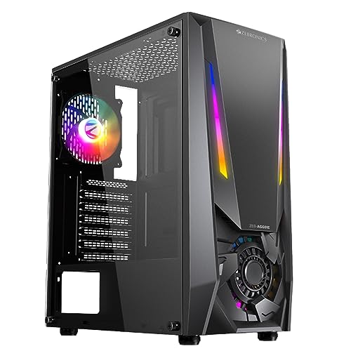 Image of ZEBRONICS AGOJIE Mid-Tower Premium Gaming Cabinet, ATX /M-ATX /M-ITX, 1 x 120 mm RGB Inner Glow Rear Fan, LED Strip with Control Switch, Tempered Glass Side Panel, USB 3.0, USB 2.0 (Black)