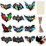 HOWAF 36 Stück Halloween Kratzbilder für Kinder Erwachsene, Bastelset Halloween Fledermaus Deko Kratzpapier mit 18 Holzstiften und Bändern zum Aufhängen Halloween Basteln Kinder Bastelset Kinder