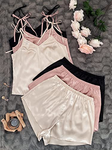 Shein Women's 6 Piece Outfits Sleeveless Satin Pajama Set Tie Shoulder Cami Crop Top And Shorts Sleepwear Sets Black Pink Champagne Medium #TOP5