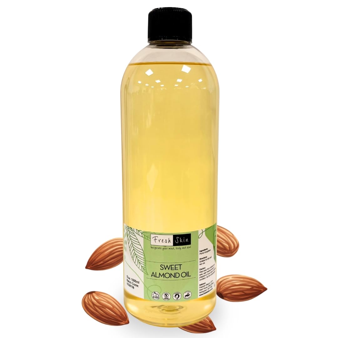 Freshskin Beauty LTD | Sweet Almond Oil 1 Litre - 100% Pure, Natural, Cruelty Free, Vegan, No GMO for Skin, Hair, Massage, Nails, Cuticles, Ears, Face, Body - Aromatherapy (1000ml)