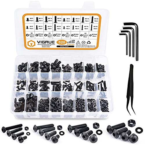 VIGRUE M3 M4 M5 Alloy Steel Hex Socket Button Head Cap Nuts Flat Washers Kit Black Screw Assortment
