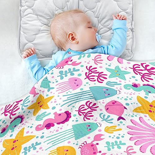 Image of Swaddle Blanket for Colorful Ocean Animals Octopus Baby Receiving Blanket Muslin Baby Swaddles Soft Cotton Breathable Nursery Blankets for Unisex Boys and Girls 30x40 Inch