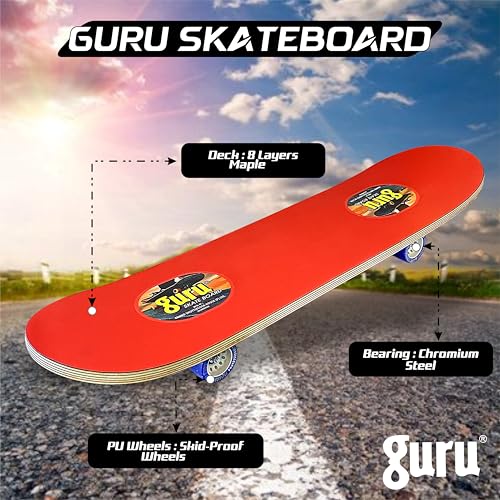 Image of GURU Skateboard, Wooden Non-Slip Skateboard for Kids, Adult, Casterboard /Skate Board /Hoverboard /Longboard for Beginners, Learners, Training Purpose for All Age Group