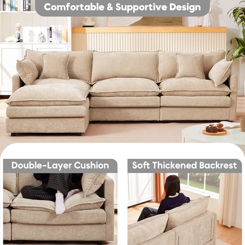 Image of 102 inch L Shaped Modular Sectional Sofa, Comfy Upholstery Chenille Cloud Couch with Ottoman, Modern 4-Seat Deep Seat Sofa with Pillow for Living Room, Bedroom, Apartment, Coffee Brown