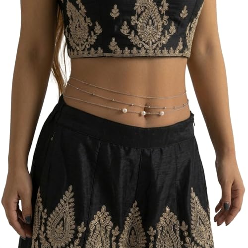 Image of Fabme Women's Waist Chain - Stylish Saree White Belly Chain - 3 Layer Body Hip Chain for the Waist Ladies Sexy Bikini Jewelry (26-42 In)