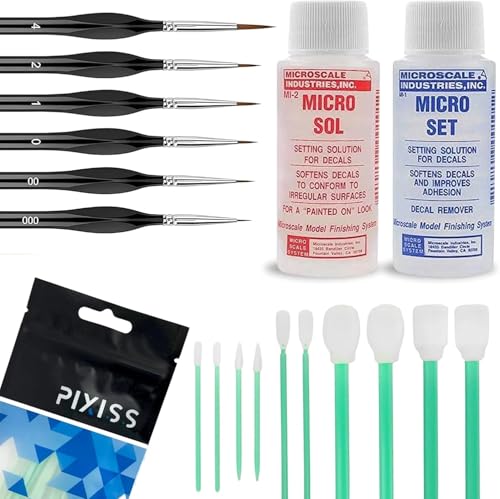 Micro Sol and Micro Set Decal Setting Solution Bundle with Pixiss Black Brushes and Blending Swabs Professional Decal Application Kit for Model Builders Crafts and Hobbyists