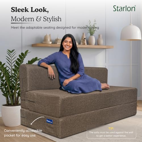 Image of Starlon 3 Seater Sofa Cum Bed Foldable 3-in-1 Sofa Bed with 1 Year Warranty, Washable Jute Fabric Cover & 2 Geometrical Pillows | Coffee Brown 6x6 Ft