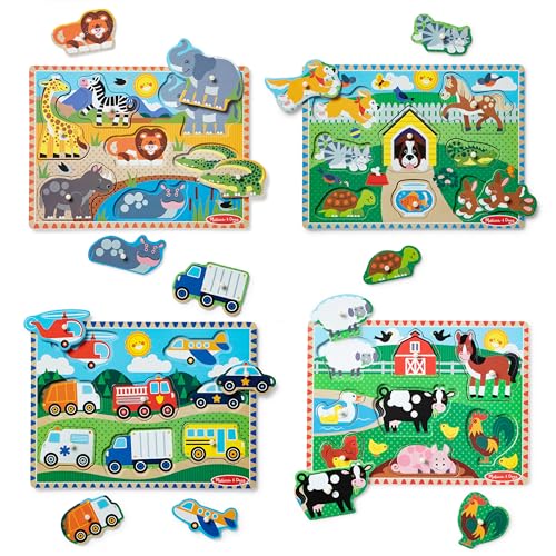 Melissa & Doug Wooden Peg Puzzle Set – 4-Pack Vehicle, Farm, Safari & Pet Animal Themes – Educational Puzzles for Toddlers and Preschoolers Ages 2+ - Image 4