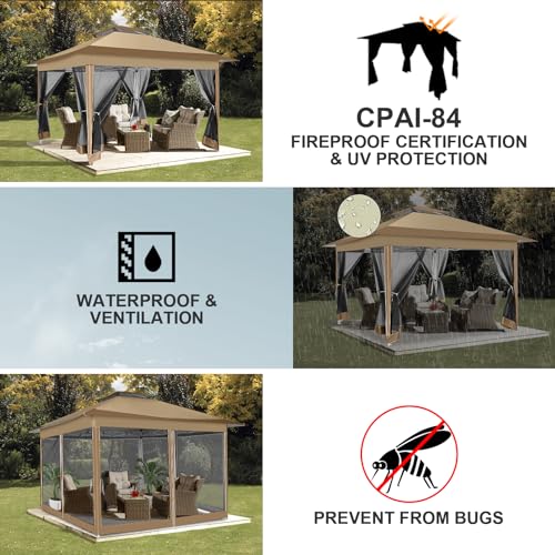Image of COBIZI 12x12 Pop up Gazebo on Clearance Canopy Tent, carpas para Patio, Outdoor Canopy with Portable Carrying Bag for Vendor, Outdoor Patio Gazebo for Garden, Backyard,Beach, Brown
