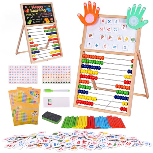 Wooden Abacus for Kids Math - Double-Sided Black/Whiteboard for Toddlers with 152 Magnetic Number & Fruit Cards 100 Counting Sticks and Number Blocks Finger Counting Toys Homeschool Essentials