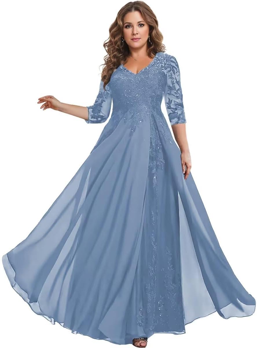 Mother of The Bride Dresses with 3/4 Sleeves for Wedding V Neck Chiffon Long Lace Applique Formal Evning Gowns DP028
