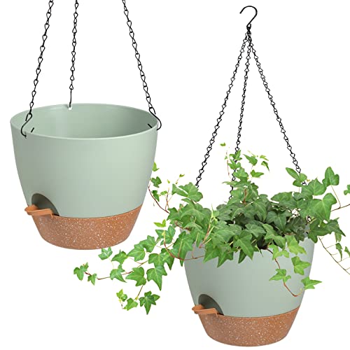 Vanslogreen Hanging Planters for Indoor Outdoor Plants, 2 Pack Self Watering Hanging Pot with Drainage Holes & Removable Tray (Green, 8'')