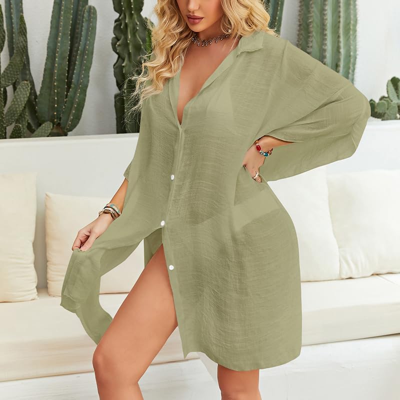 Chalier Womens Loose Bathing Suit Cover Ups, Beach Swimwear Button Down Shirt Dress - Image 3