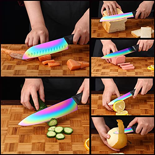 Image of Knife Set- Marco AlmondA‚ KYA36 12-Piece Knife Set, 6 Knives with 6 Blade Guards, Dishwasher Safe Rainbow Titanium Stainless Steel Kitchen Knives Set with Sheath, Black