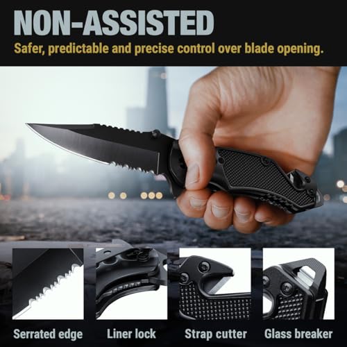 Good Worker 2.95 Inch Serrated Blade Pocket Knife - Black Folding Knife With Glass Breaker Legal Pocket Knife- Small Edc Knife With Pocket Clip For Men Women - Sharp Tactical Camping Survival Hiking Knives 6680 thumb #3