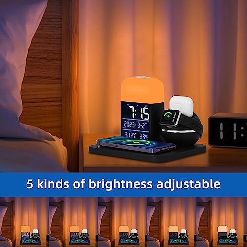 Image of Wireless Charging Station with Night Light,6 in 1 Wireless Charger with Alarm Clock Compatible for iPhone14 /13 /12 /11 /X /iWatch SE /8 /7 /6 /5 /4 /3 /2 /1 /AirPods 3 /2 /1 /Pro,Charging Dock for Multiple Devices