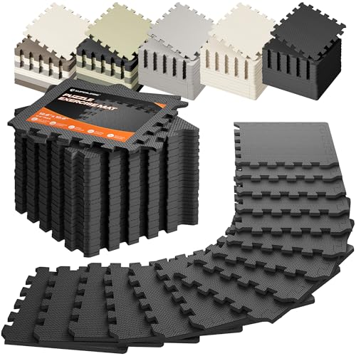 SUPERJARE Gym Floor Mats EVA Foam Puzzle Exercise Mats Interlocking Floor Mats Cushioned Foam Floor Tiles Gym Flooring Workout Mat for Home Gym Playroom Garage 18 PCS 12.6x12.6x0.4 Black