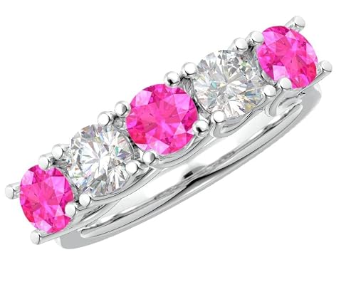 Houston Diamond District 1 to 6 Carat Round 5 Stone Platinum LAB GROWN Gemstone and LAB GROWN Diamond Wedding Band (1ct Center, AAAA Heirloom Quality) Pink Sapphire 1 Carat Size: 6.5