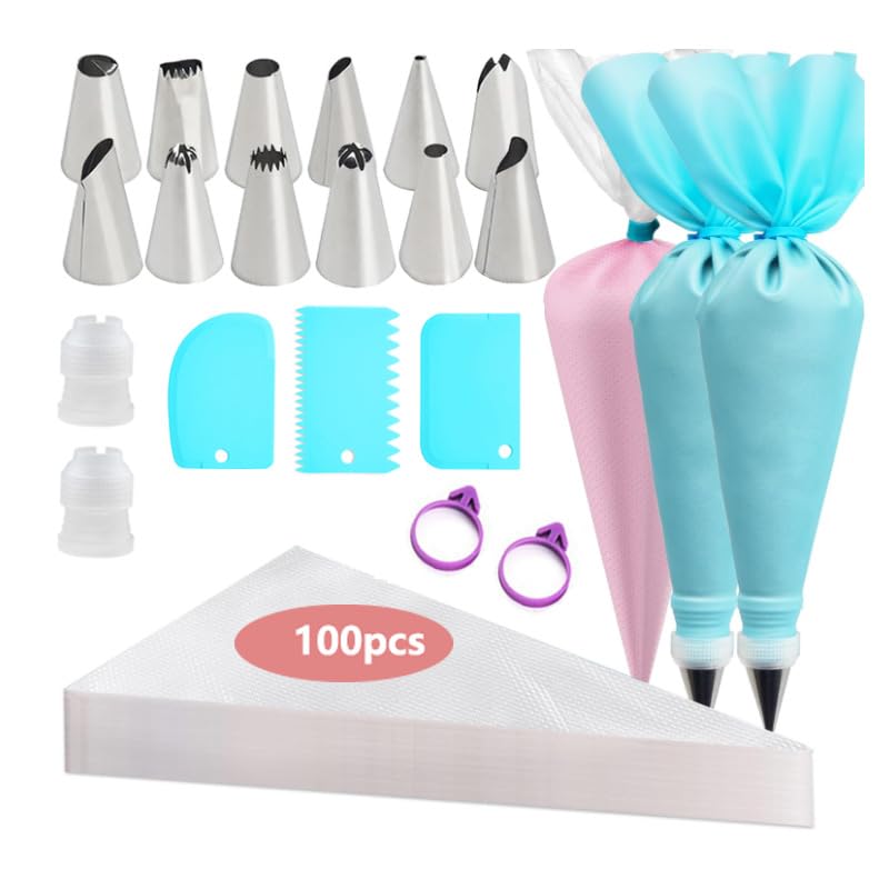 Piping Bags and Tips Set, 2 x 12 Inch Reusable Piping Bags, 100 Disposable Pastry Bags, 2 Couplers, 12 Frosting Tips, 2 Bag Ties & 3 Cake Scrapers - Complete Cake Icing Kit