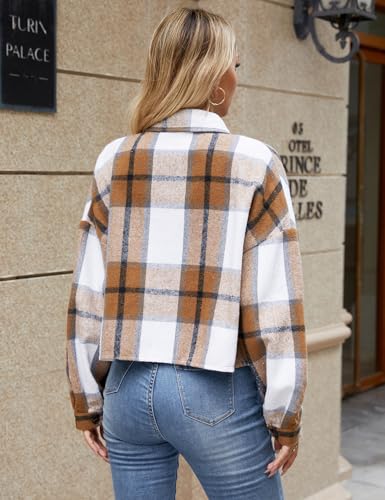 CYCLAMEN Women's Flannel Plaid Cropped Shacket Jacket Long Sleeve Button Down Crop Shirt Coat Fall Fashion Casual Outfits2