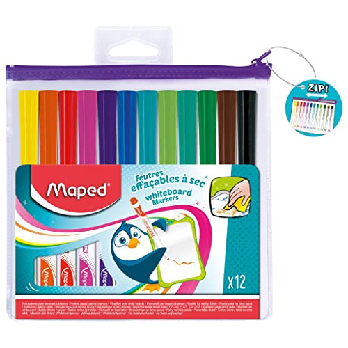Maped - 12 Feutres Effaçables à Sec Marker’Peps Fun Colors - Feutres Ardoises et Tableaux Blancs - Marqueurs Non Permanents - Pointe Medium 1,5 mm - Trousse Zippée