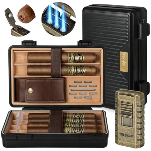 SEMKONT Travel Cigar Humidor,Portable Cedar Wood Lined Cigar Box,Waterproof Anti Pressure Sealed Cigar Storage Case,With Humidifier and Cigar Lighter Set,Can Holds 6 Cigars(Butane Not Included) Cover