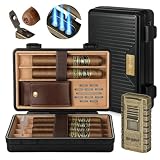 SEMKONT Travel Cigar Humidor, Portable Cedar Wood Lined Cigar Box, Waterproof Anti Pressure Sealed Cigar Storage Case, With Humidifier and Cigar Lighter Set, Can Holds 6 Cigars(Butane Not Included)