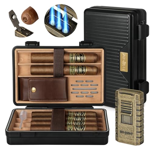 SEMKONT Travel Cigar Humidor, Portable Cedar Wood Lined Cigar Box, Waterproof Anti Pressure Sealed Cigar Storage Case, With Humidifier and Cigar Lighter Set, Can Holds 6 Cigars(Butane Not Included)
