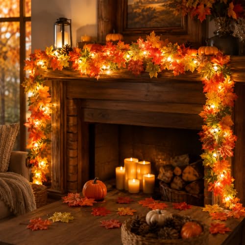 Herbstdeko, Herbstgirlande mit LED Lichterkette 175 cm Ahornblätter Girlande, Girlande Herbst mit 50 Ahornblättern, Herbst Deko für Tür Kamin Fenster Treppe Erntedank Halloween Innenraum Dekoration – Bild 5