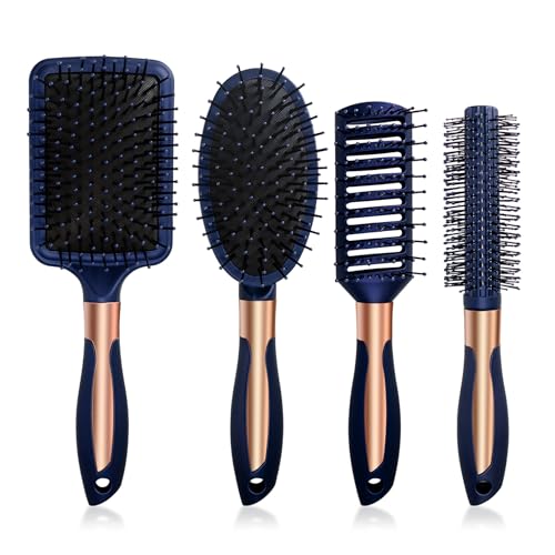 Hair Brush Set Anti Static Massage Oval Comb Round Hair Brush Vent Hair Brush Detangling Brush Paddle Brush for Women Men Blue