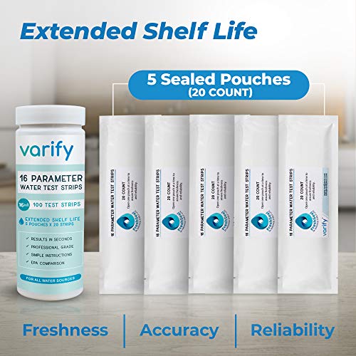 varify 17in1 complete drinking water test kit - 100 strips  2 bacteria tester kits - well tap home city water testing strip for lead alkaline chlorine hardness iron fluoride copper amp more