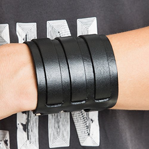 Hzman Black Leather Wide Triple Strap Cuff Wrap Gauntlet Wristband Buckle Fastening Arm Armor Cuff (Black) #TOP2