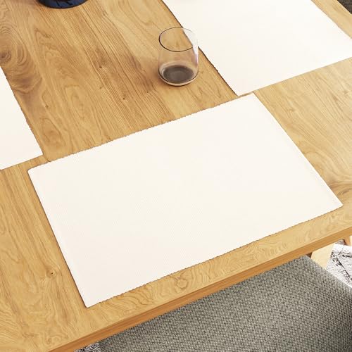 Encasa XO Platzsets Esstisch Set von 6 | Solide aus weiß | Fein gerippte Baumwoll-Tischunterlage | Größe 48x32 cm | Maschinenwaschbar