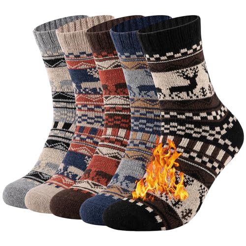 COOVAN Calcetines de lana para hombre, cálidos, de invierno, térmicos, gruesos, para clima frío, calcetines cómodos, 1gris1marrón1negro1azul1beige, talla única