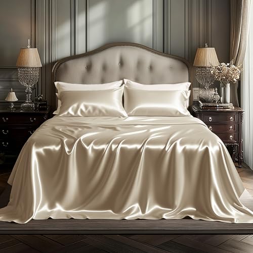 Image of Bedsure Khaki Satin Sheets Queen Size, Soft Silky Bedsheet for Hair & Skin | Similar to Silk Bed Sheets Set 4 Piece with 15 Inches Deep Pocket Fitted Sheet,1 Flat Sheet, 2 Satin Pillowcases