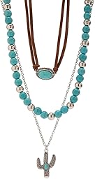 Todu 3PCS Boho Western Necklace for Women Turquoise Beaded Cactus Horseshoe Chunky Layered Stack Pendant Necklace Western Country Concert Jewelry for Cowgirl Cowboy