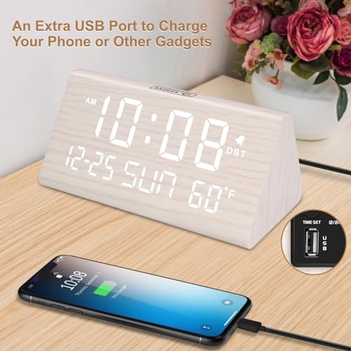 Image of DreamSky Digital Alarm Clock for Bedrooms - Wooden Desk Clock with Date | Day of Week, USB Port, Temperature, Dimmer for Bedside Table, Living Room, Office, Adjustable Volume, Auto DST, Wood Decor
