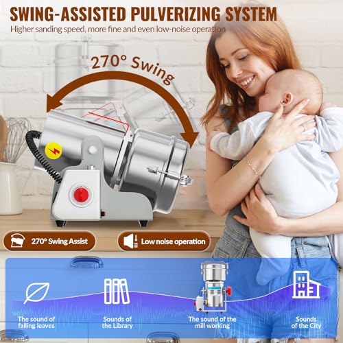 VELPAX 800g Electric Grain Grinder,Spice Grain Mill,Stainless Steel 25000RPM 20S High-Speed Superfine Grinding with Overload Protector,5min Timer Mill,Clip Rotary Switch for Coffee,Nut,Coffee,Rice - Image 6