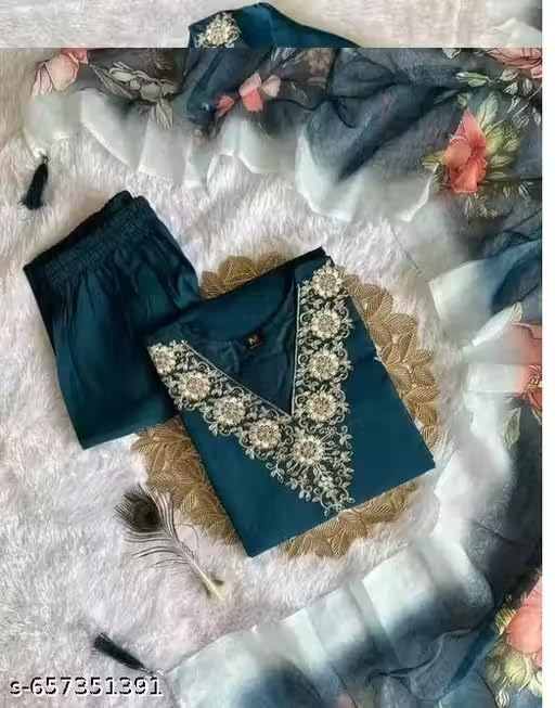 Image of Women's Chanderi Silk Kurti with Rayon Slub Pants & Dupatta | Printed Three-Quarter Sleeve Ethnic Setv Turquose